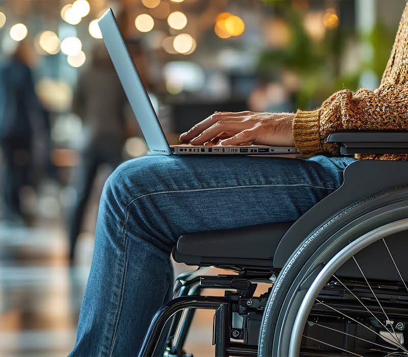 Das Dreiburgensee – Barrierefreiheit Hero (Mob) Das Dreiburgensee - Barrierefreiheit: Rollstuhlfahrer schreibt in der Hotel-Lobby auf einem auf seinen Oberschenkeln platzierten Laptop